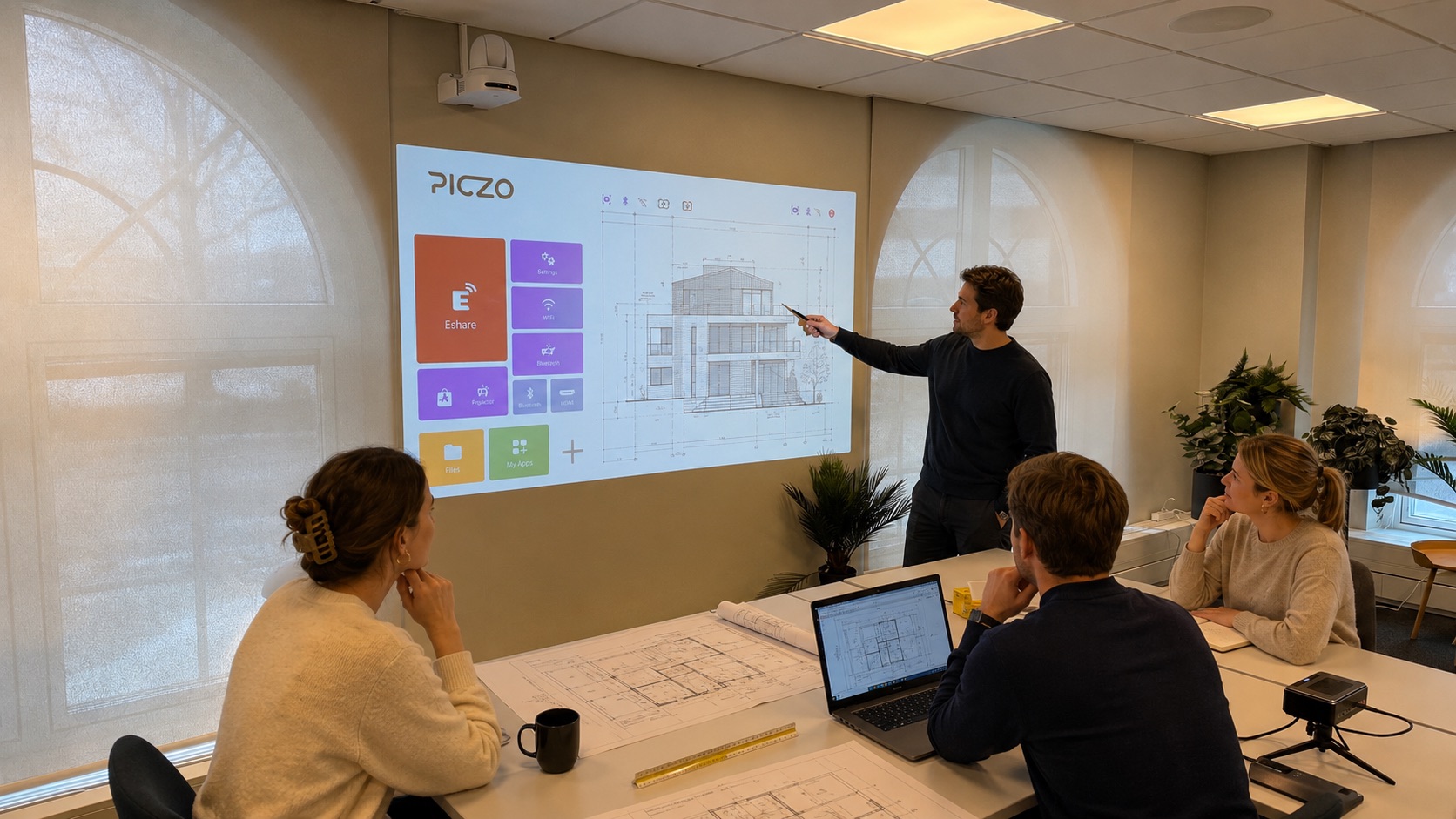 Projektgrupp i ljust mötesrum granskar en husritning projicerad med PICZO Nova Ultra S